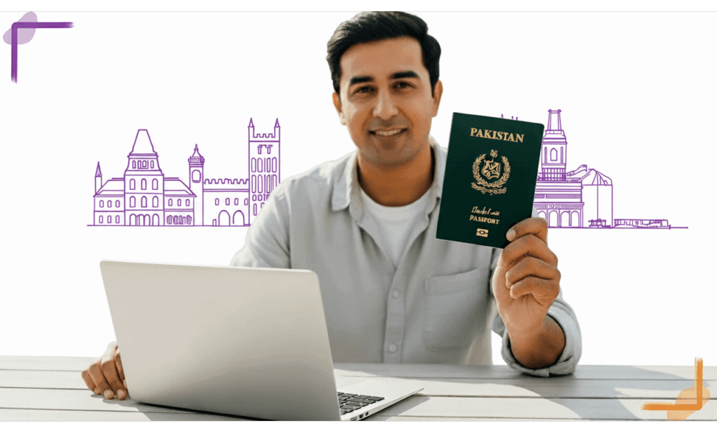 Pakistani man holding passport at desk for digital nomad visa support