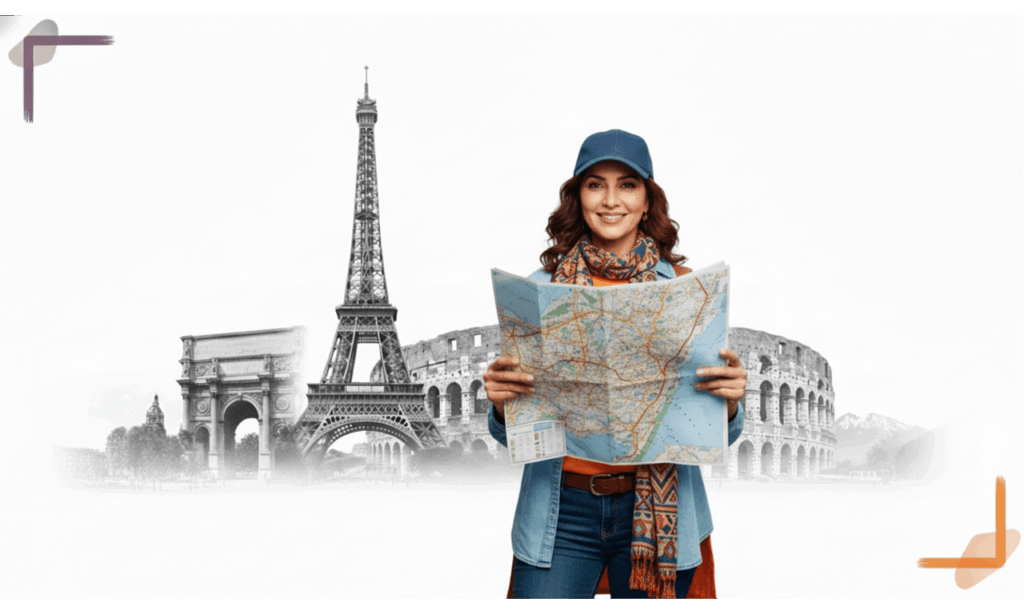 Female traveler with map planning Schengen or global visit visa