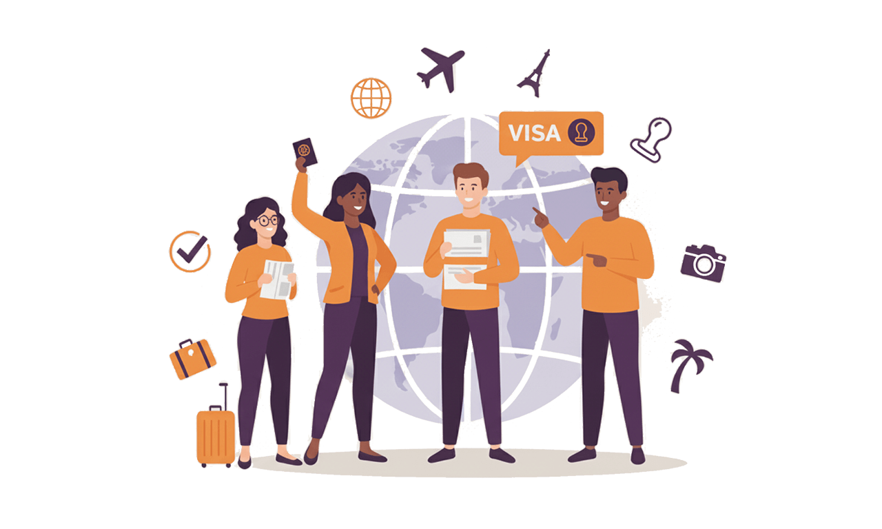 Diverse group of digital nomads holding passports and documents around a globe