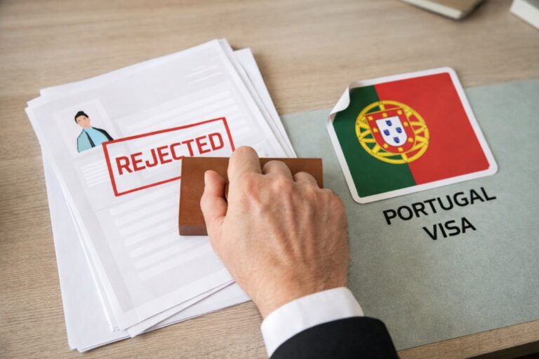 Portugal D8 visa refusal reasons for Pakistanis illustrated with rejected application stamp and Portugal visa graphic