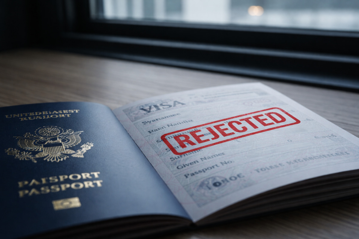 Passport visa page stamped "rejected" on a wooden desk
