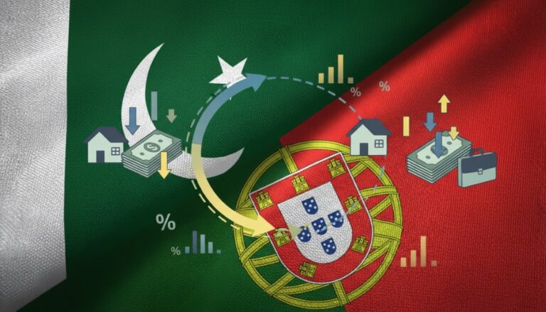Graphic showing relocation cost flow from Pakistan to Portugal with housing, money, and expense icons.