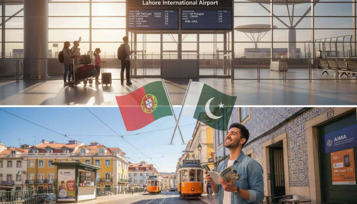 Travelers relocating from Pakistan to Portugal with Pakistan and Portugal flags.