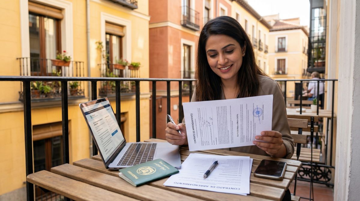 Pakistani woman reviewing rental contract on laptop in Spain for nomad visa accommodation proof requirements